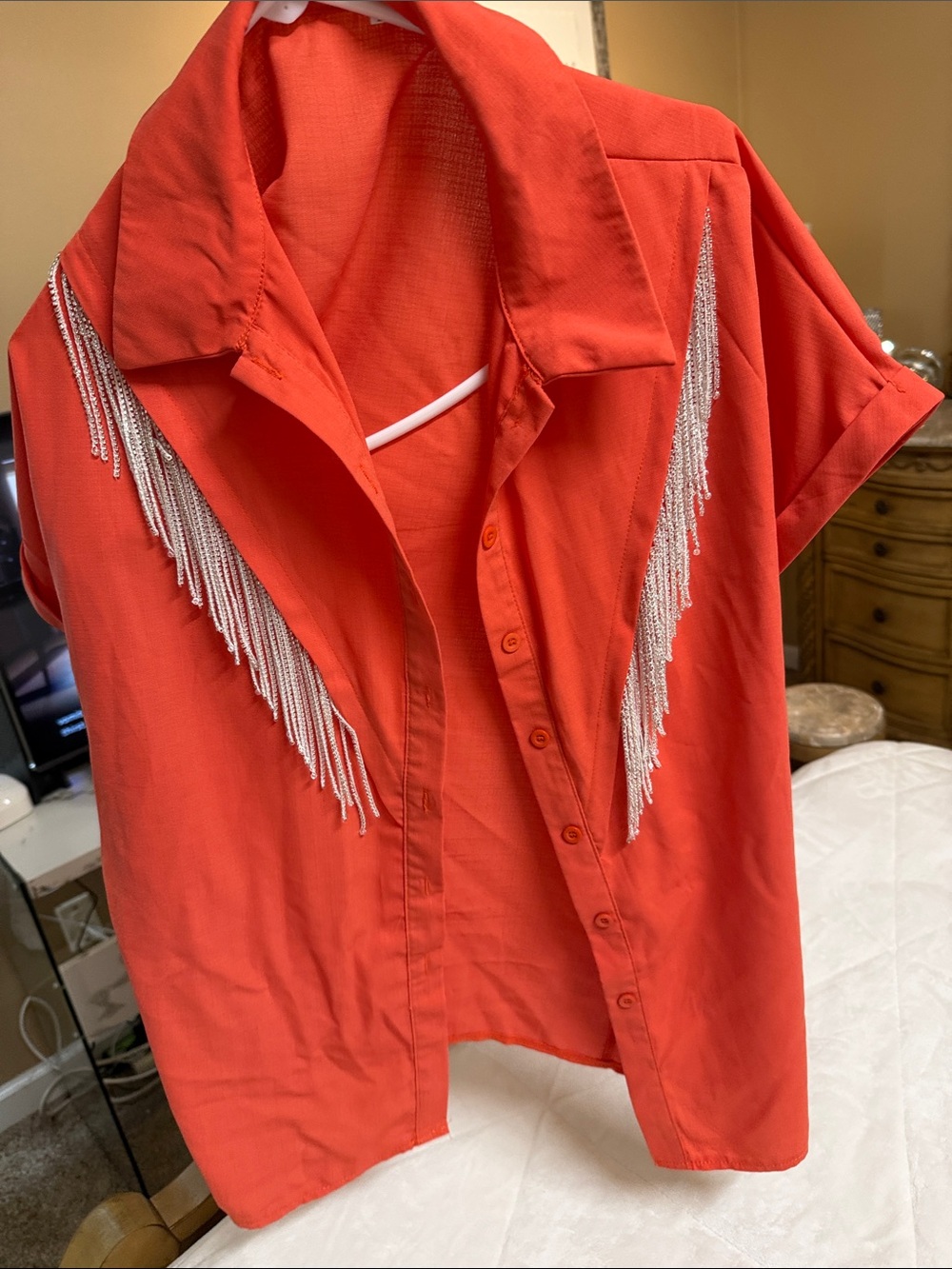 Orange bling Fringe-Trim Button-Up Shirt